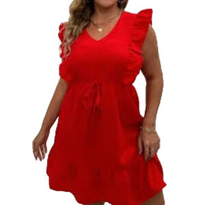 Shein Curve Red V-Neck Ruffled Dress Sz 1XL Sleeveless Elastic Waist Knee Length